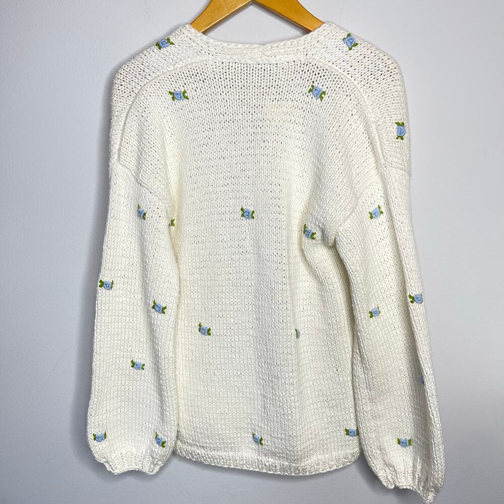 Fanm Mon Winter Bloom Blue Rose Cotton Cardigan Handmade New size XS/S Ivory - Picture 11 of 13